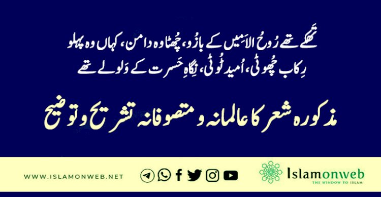تَھکے تھے رُوحُ الاَمِیں کے بازُو، چُھٹا وہ دامن، کہاں وہ پہلو                   رِکاب چُھوٹی، اُمید ٹُوٹی، نِگاہِ حَسرت کے وَلولے تھے          مذکورہ شعر کا عالمانہ و متصوفانہ تشریح و توضیح